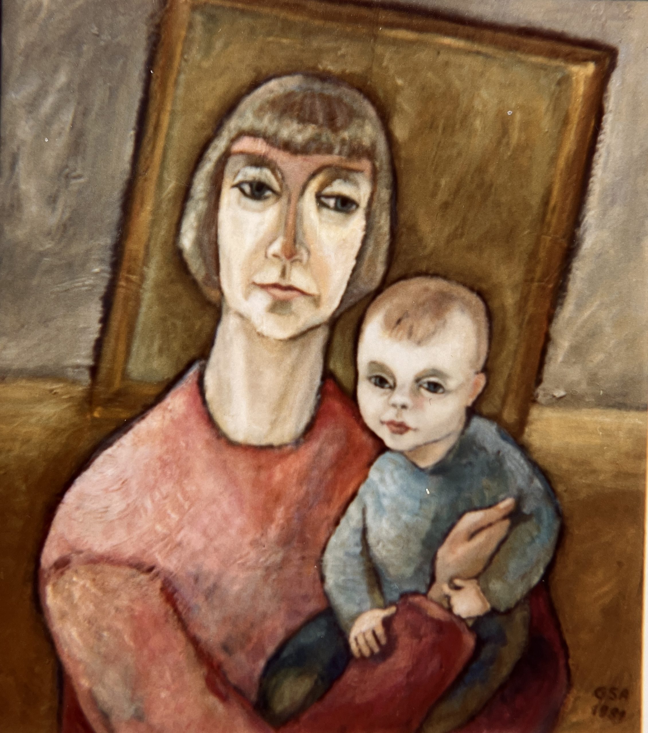 Großmutter mit Enkelkind, 1980, Öl auf Hartfaserplatte.