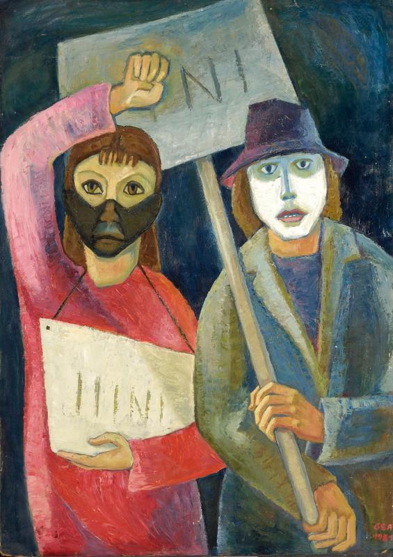 Demonstranten, 1981, Öl auf Hartfaserplatte, 90 x 64,6 cm.