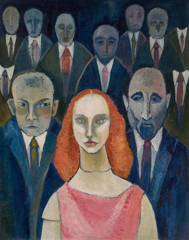 Konferenz mit Puppe (1. F.), 1981, Öl auf Hartfaserplatte, 90 x 73,8 cm.