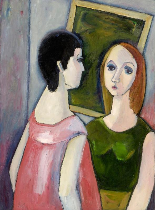 Freundinnen I, 1982, Öl auf Hartfaserplatte, 85 x 62 cm.