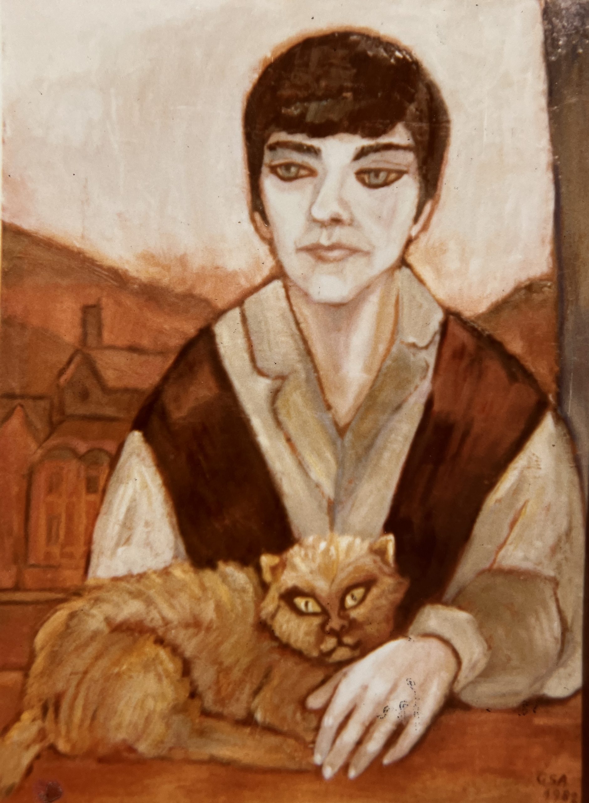 G. K. mit Katze (Gudrun Krüger, Eningen), 1982, Öl auf Hartfaserplatte, 79 x 59,4 cm.
