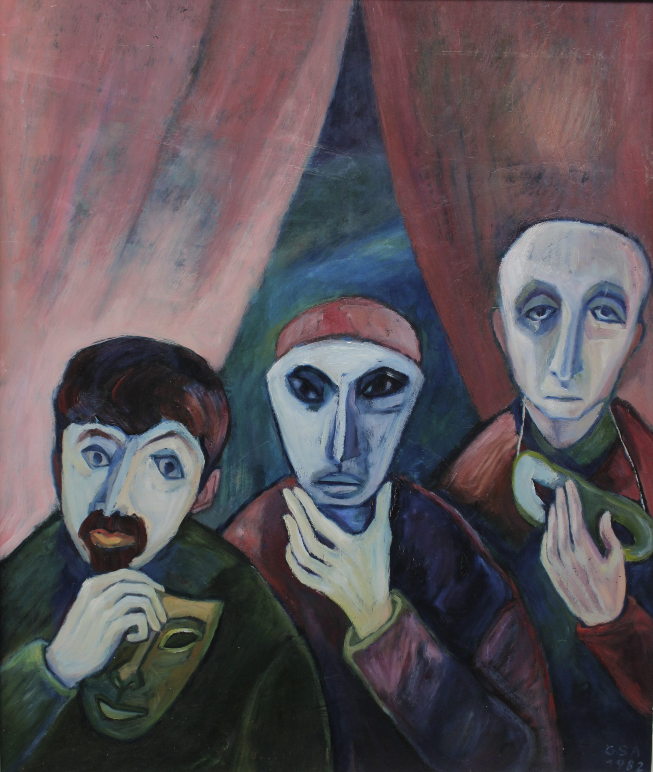 Maskenträger, 1982, Öl auf Hartfaserplatte, 95 x 80 cm.