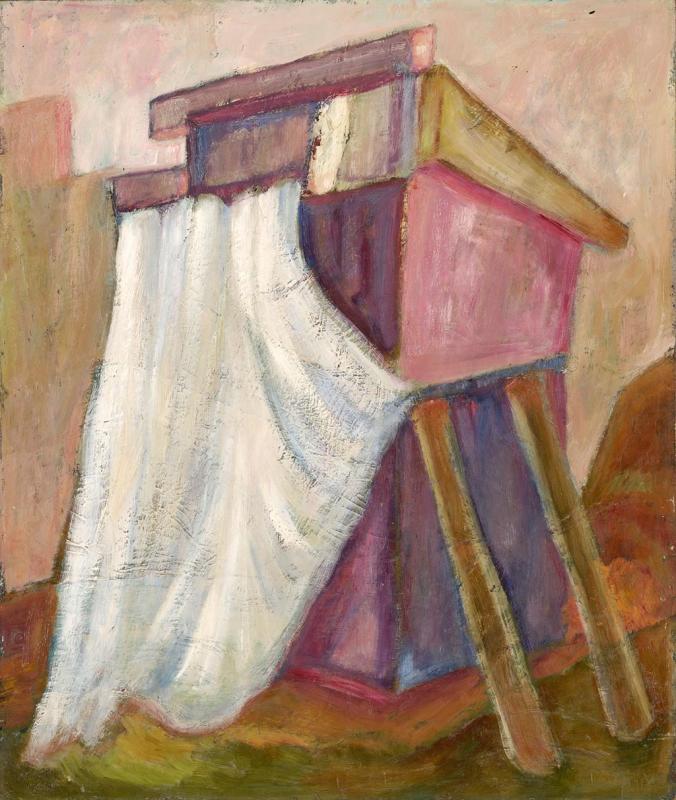 Umbau, 1983, Öl auf Hartfaserplatte, 95 x 80 cm.