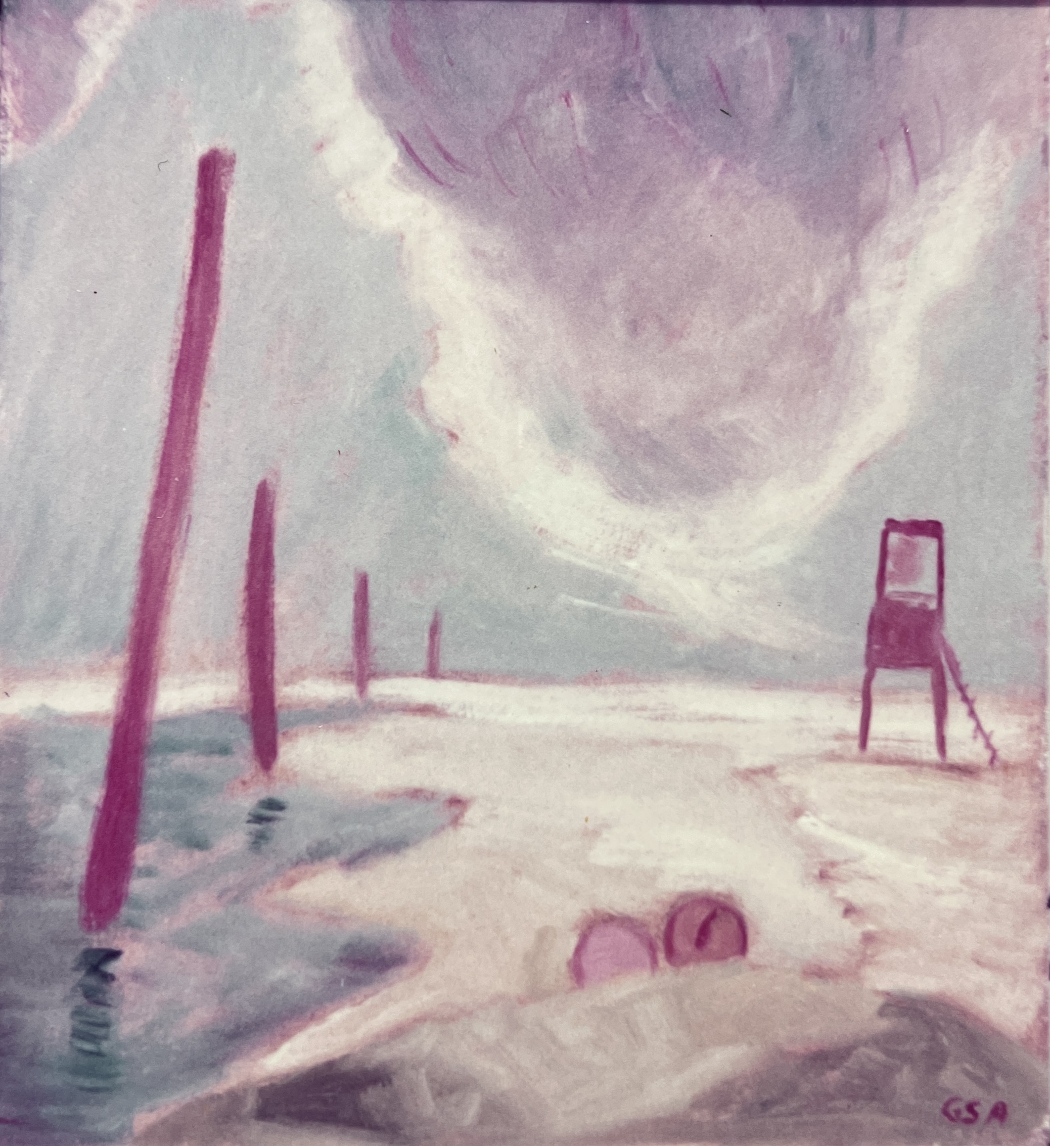 Besonnter Strand, 1984, Öl auf Hartfaserplatte.