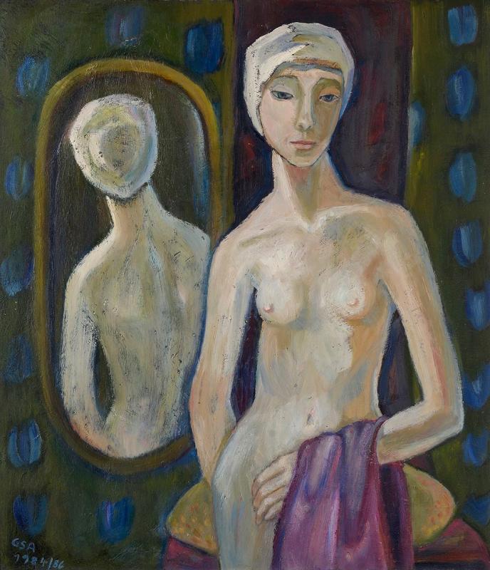 Halbakt vor Spiegel, 1984, Öl auf Hartfaserplatte, 89,7 x 80 cm.