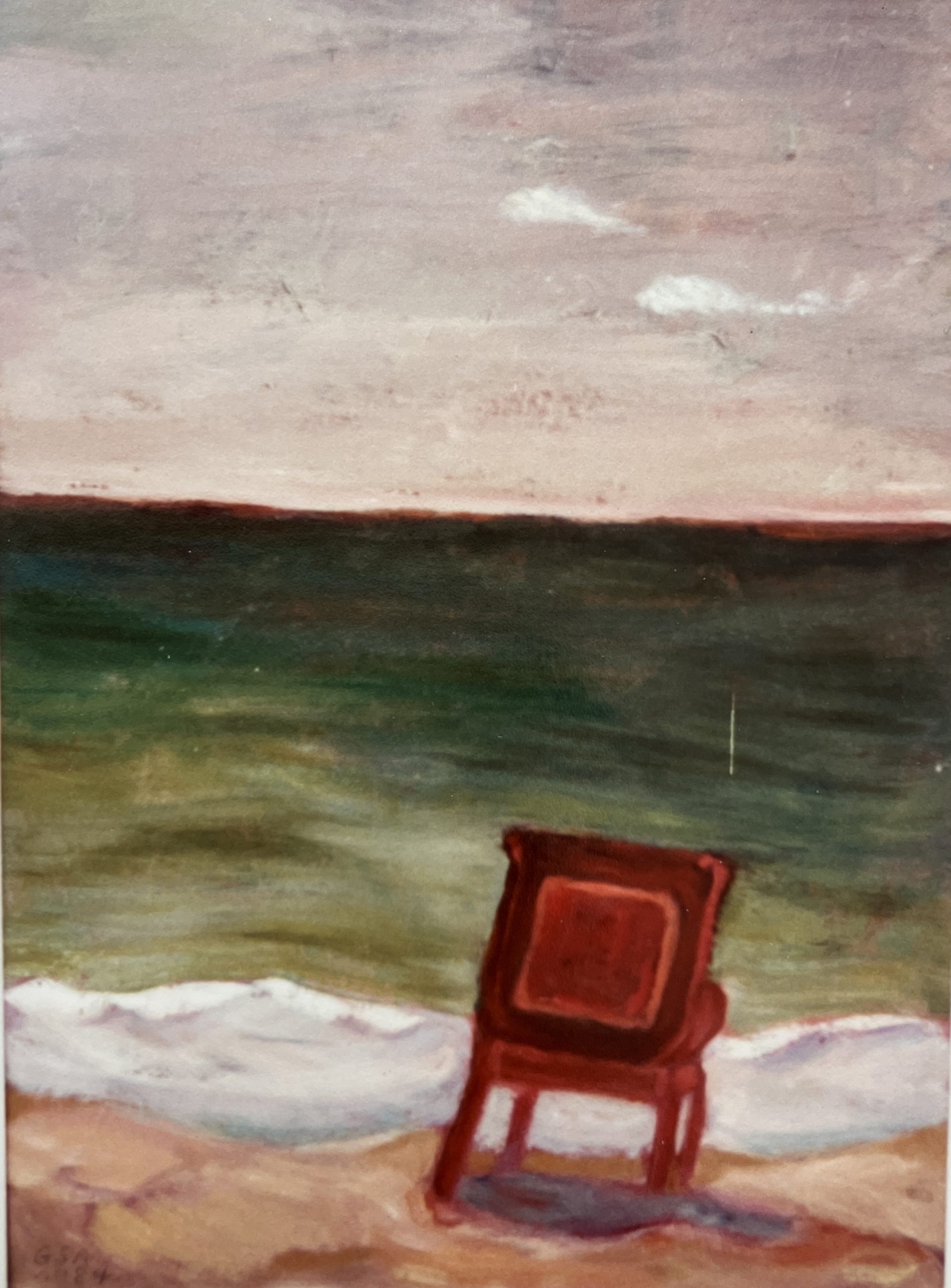Sessel am Ufer, 1984, Öl auf Hartfaserplatte, 70 x 50 cm.