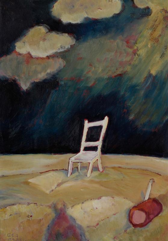 Stuhl am Strand (1. F.), 1984, Öl auf Hartfaserplatte, 70 x 50 cm.