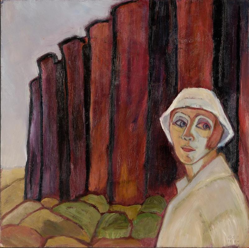 Vor der Bohlenwand, 1984, Öl auf Hartfaserplatte, 74,5 x 74,8 cm.