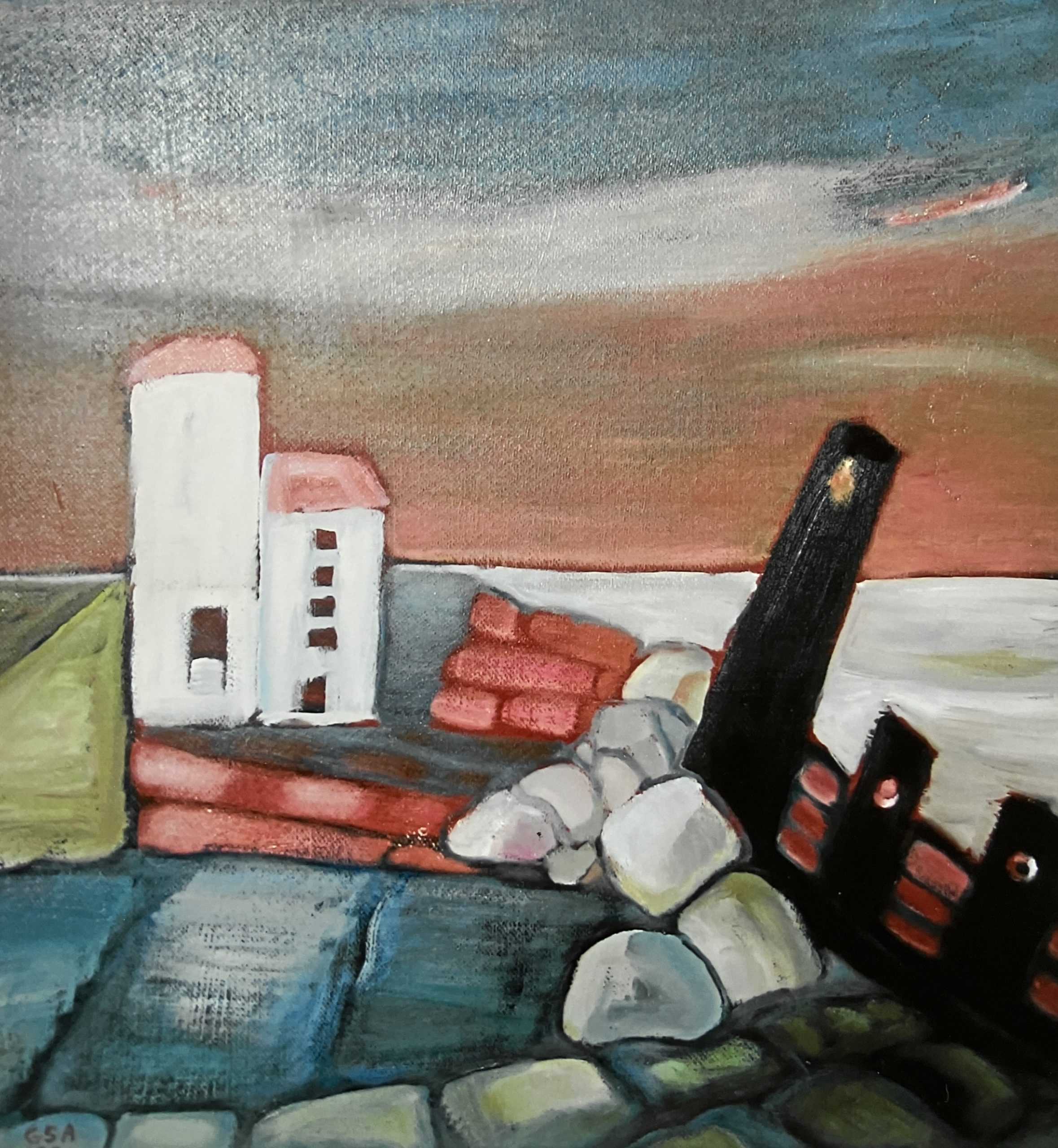 Alte Mole, 1985, Öl auf Hartfaserplatte, 68,5 x 65 cm.