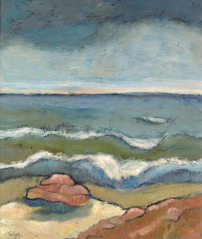 Am Strand, 1985, Öl auf Hartfaserplatte, 60 x 50 cm.