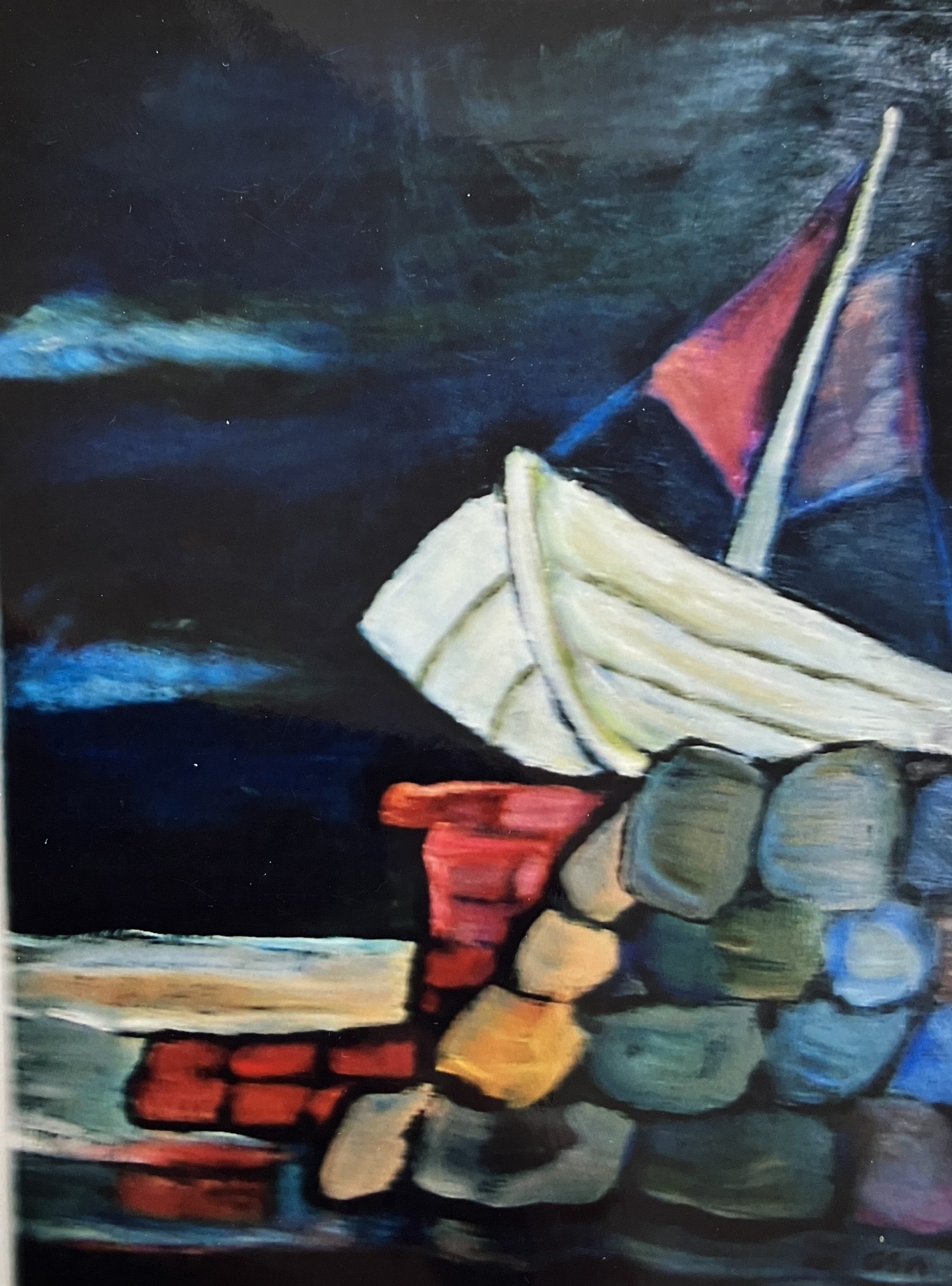 Boot auf Mole, 1985, Öl auf Malkarton, 70 x 50 cm.