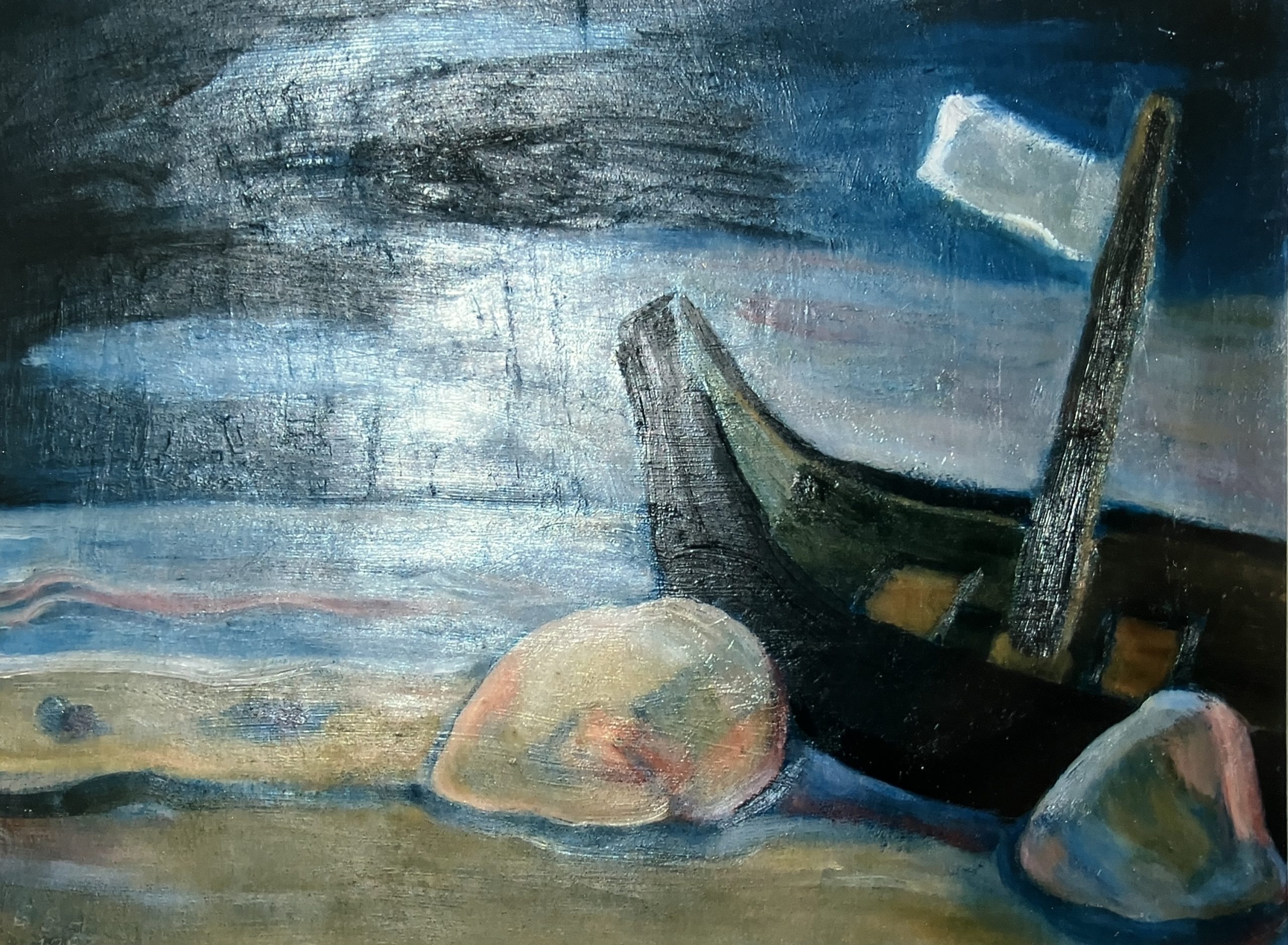 Boot mit Fahne, 1985, Öl auf Hartfaserplatte, 60 x 79,5 cm.