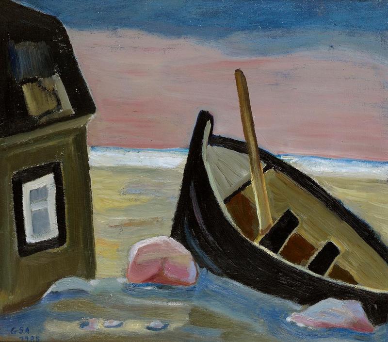 Bootshaus, 1985, Öl auf Hartfaserplatte, 61,2 x 79,7 cm.