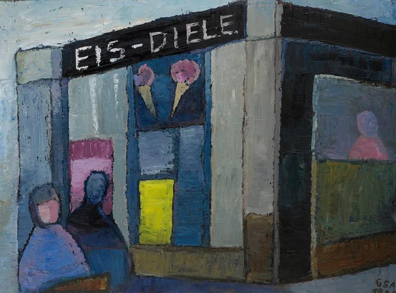 Eisdiele, 1985, Öl auf Hartfaserplatte, 59,2 x 79,5 cm.