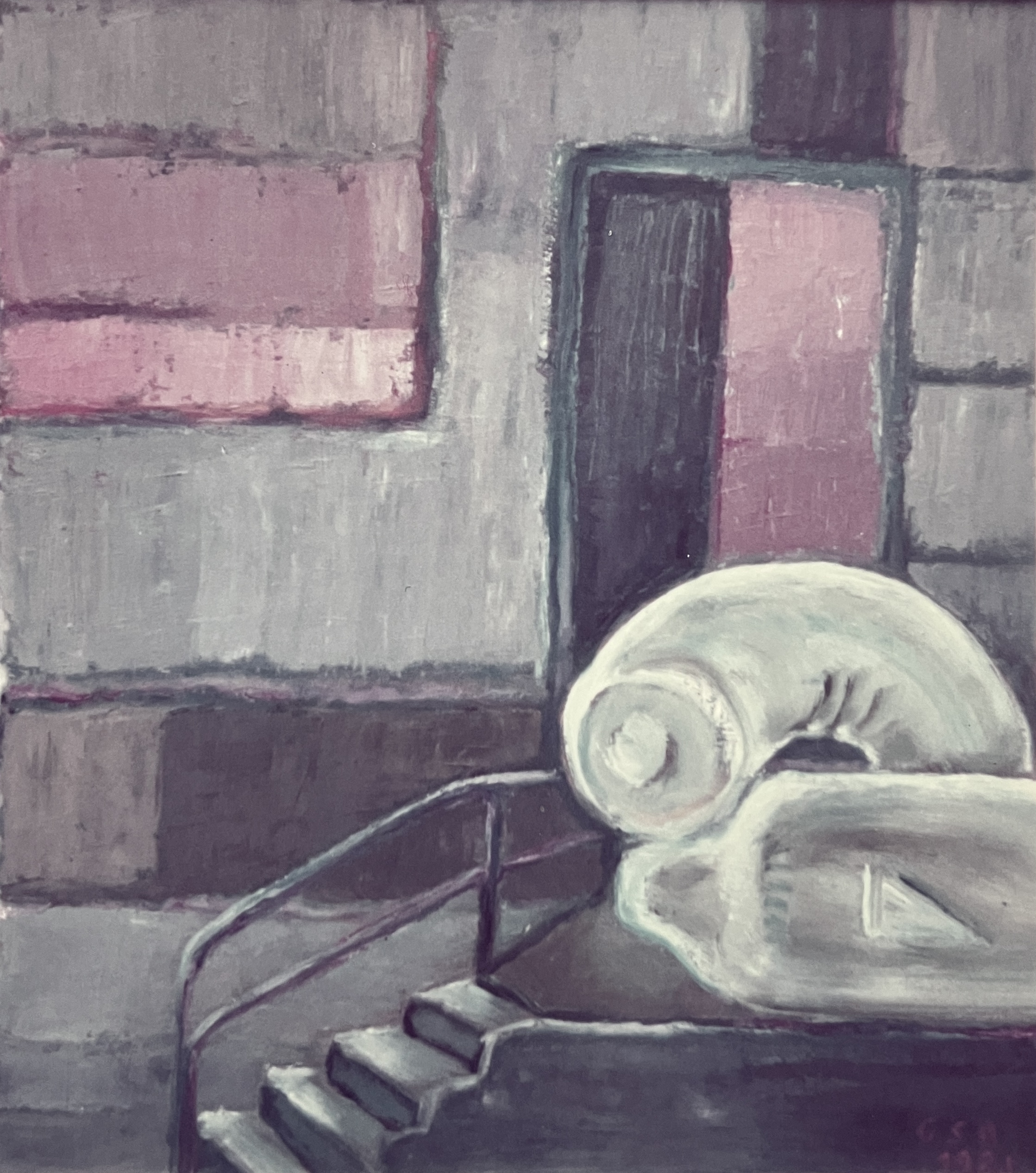 Fabrikhof, 1985, Öl auf Hartfaserplatte.