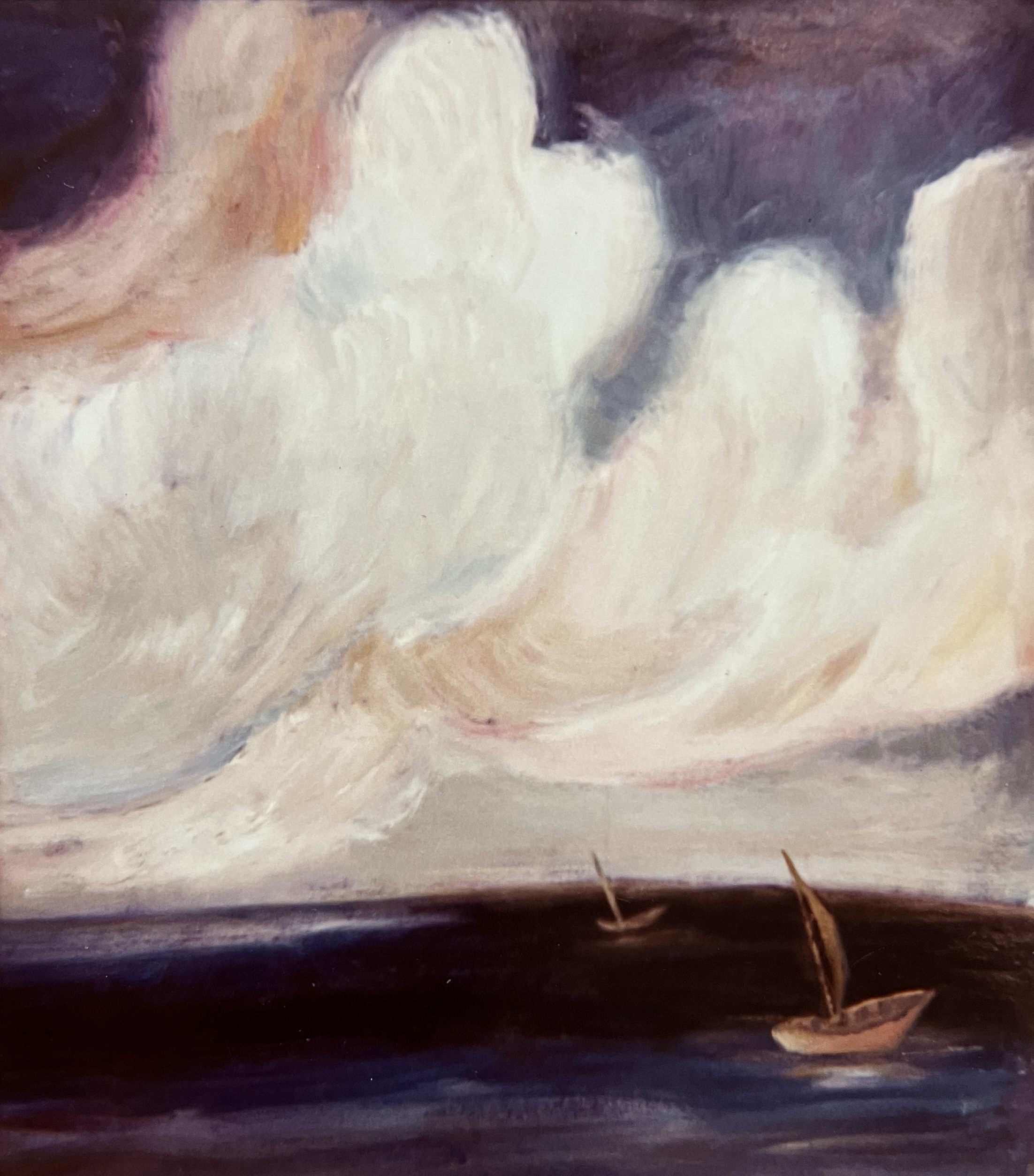 Helle Wolken, 1985, Öl auf Hartfaserplatte.