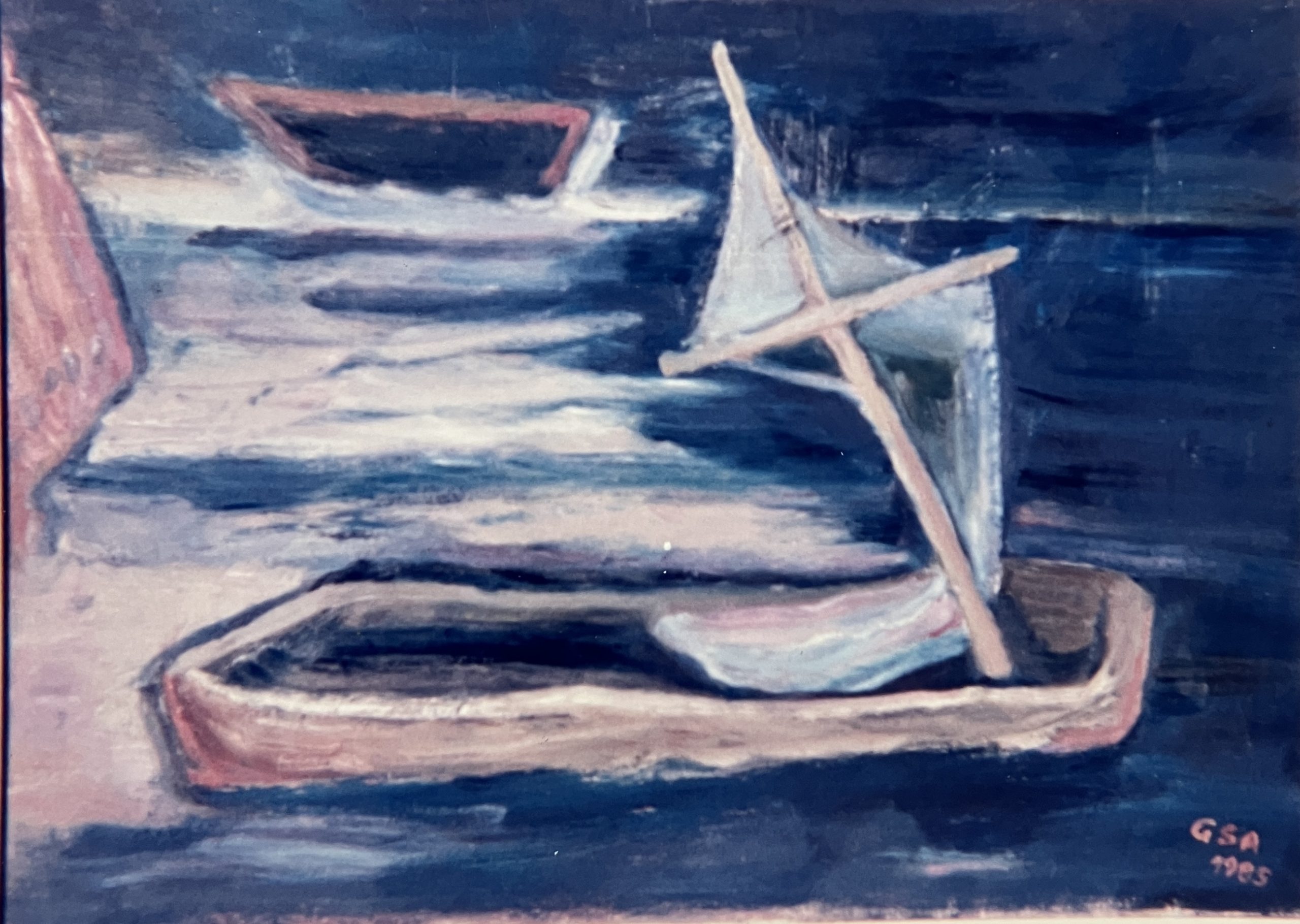 Kähne, 1985, Öl auf Hartfaserplatte.