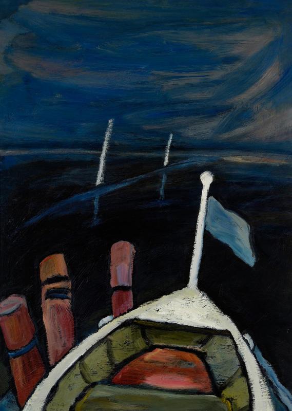 Weißes Boot, 1985, Öl auf Hartfaserplatte, 90 x 64 cm.