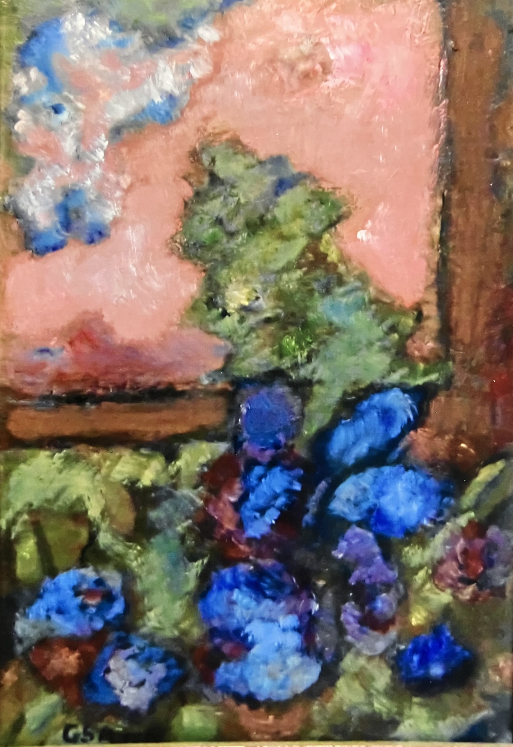 Blumenfenster, 1986, Öl auf Hartfaserplatte.