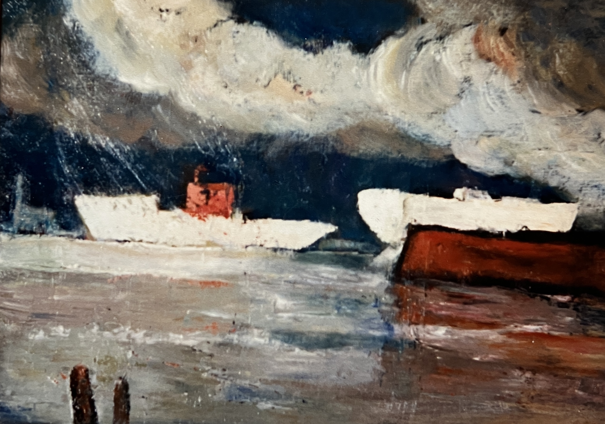 Elbe in Hamburg, 1986, Öl auf Hartfaserplatte, 70 x 50 cm.