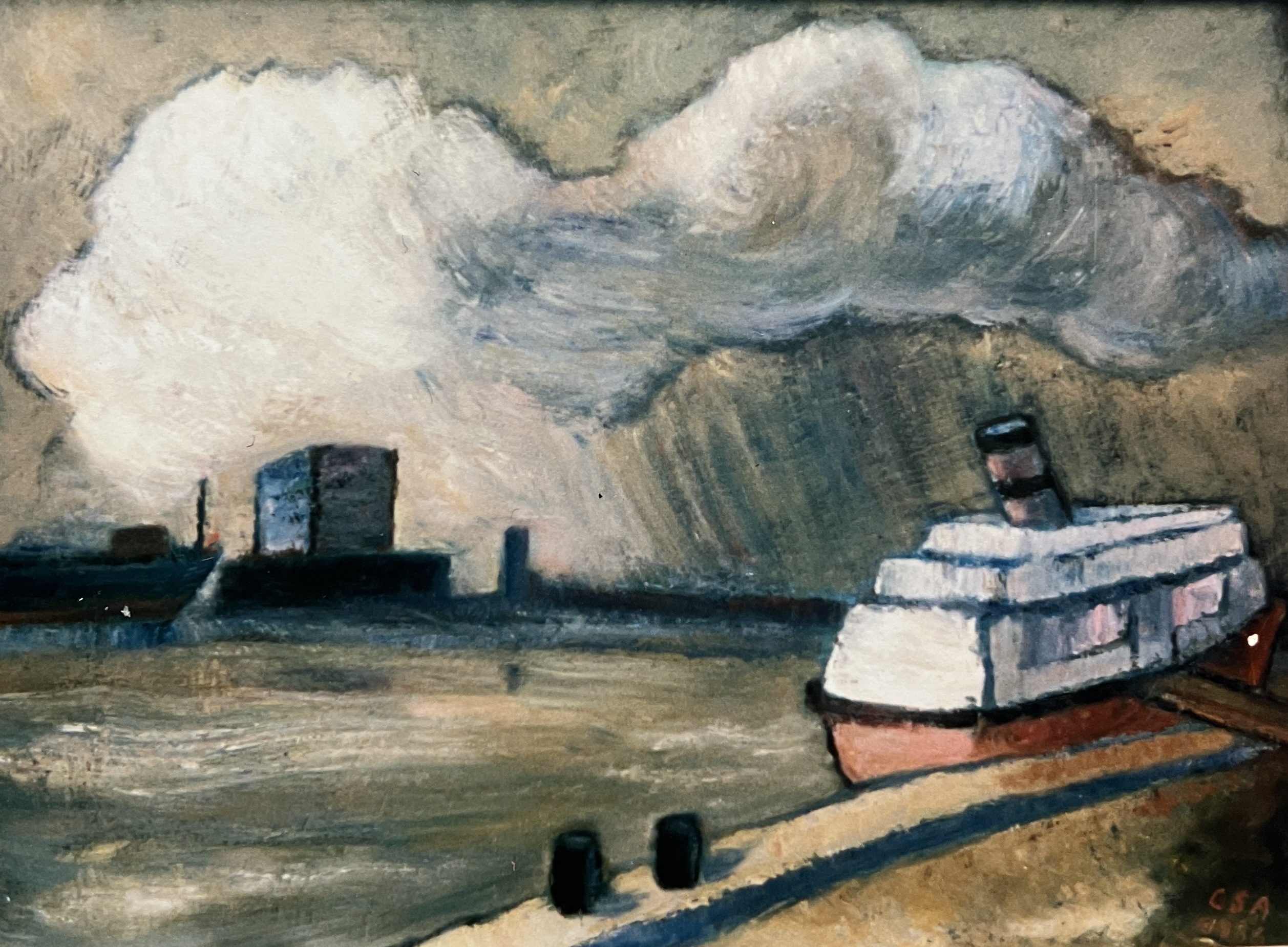 Hamburger Hafen, 1986, Öl auf Hartfaserplatte.