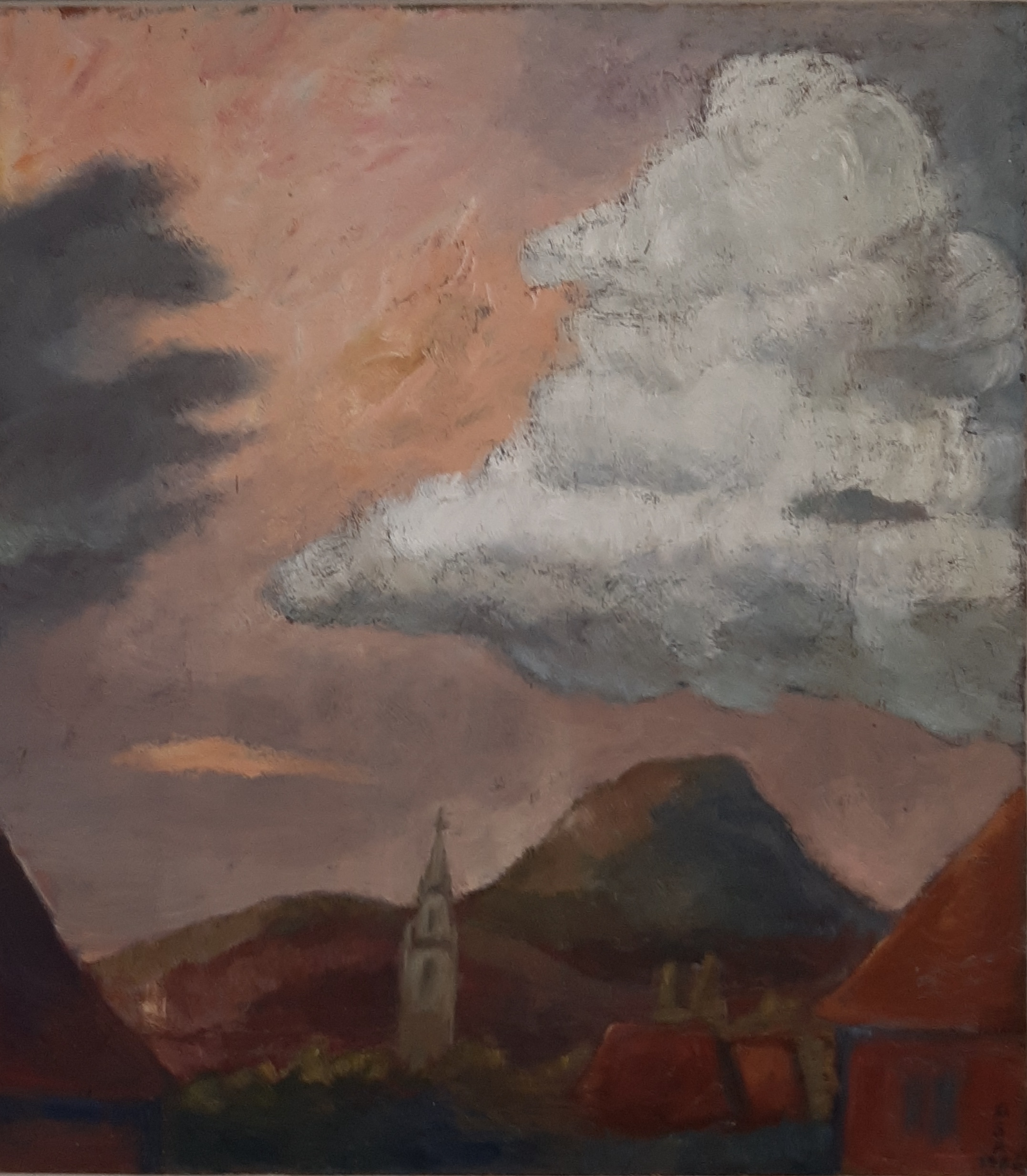 Herbstabend über Reutlingen, 1986, Öl auf Hartfaserplatte, 90 x 80 cm.