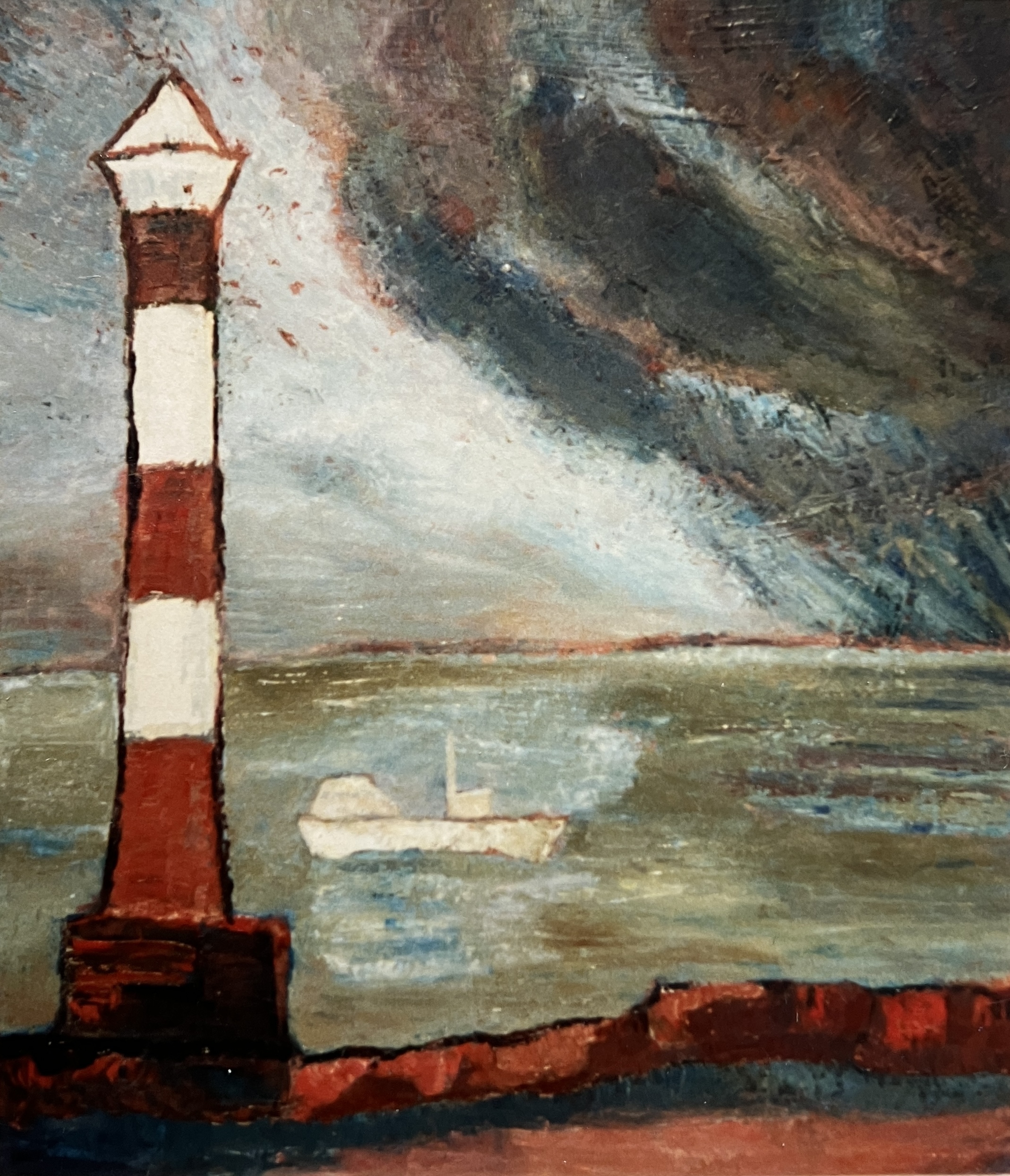 Leuchtturm an der Elbe, 1986, Öl auf Hartfaserplatte.