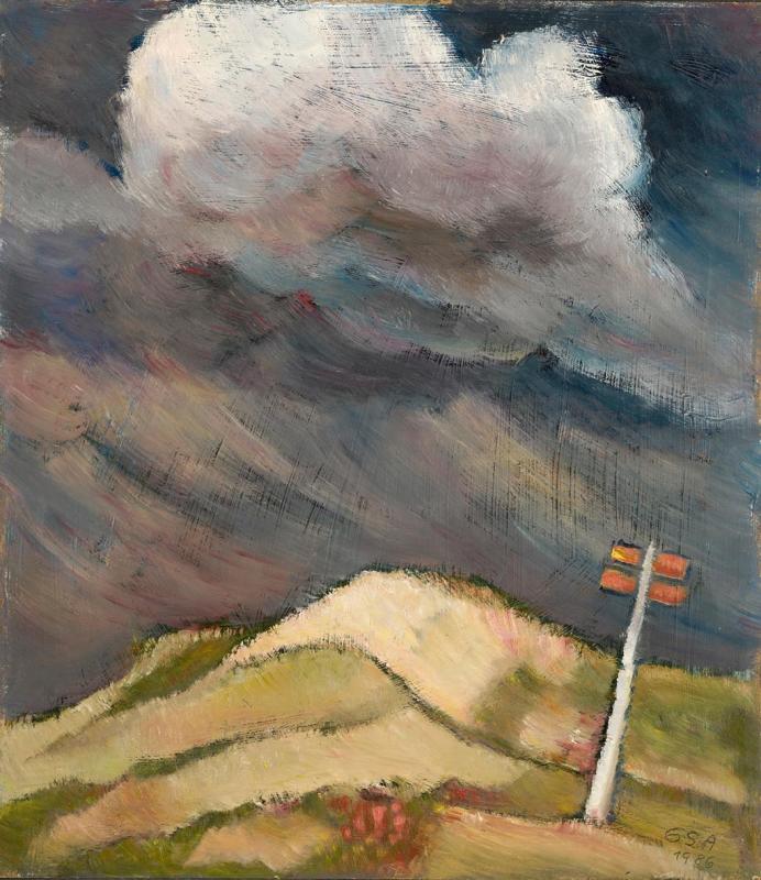 Regen über Dünen, 1986, Öl auf Hartfaserplatte, 70,5 x 61,5 cm.