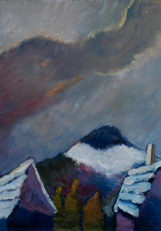 Schnee über der Achalm, 1986 / 99, Öl auf Hartfaserplatte, 76,8 x 55,7 cm.