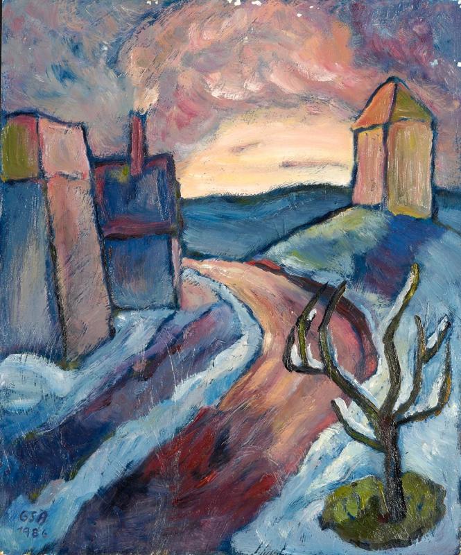 Strasse im Winterlicht, 1986, Öl auf Hartfaserplatte, 59,5 x 49,7 cm.