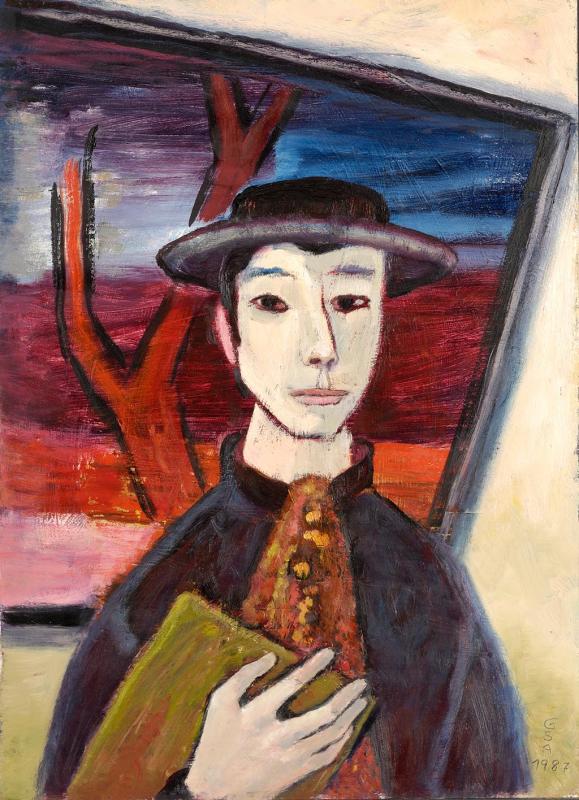 Dame aus Plauen, 1987, Öl auf Hartfaserplatte, 76,5 x 55,7 cm.