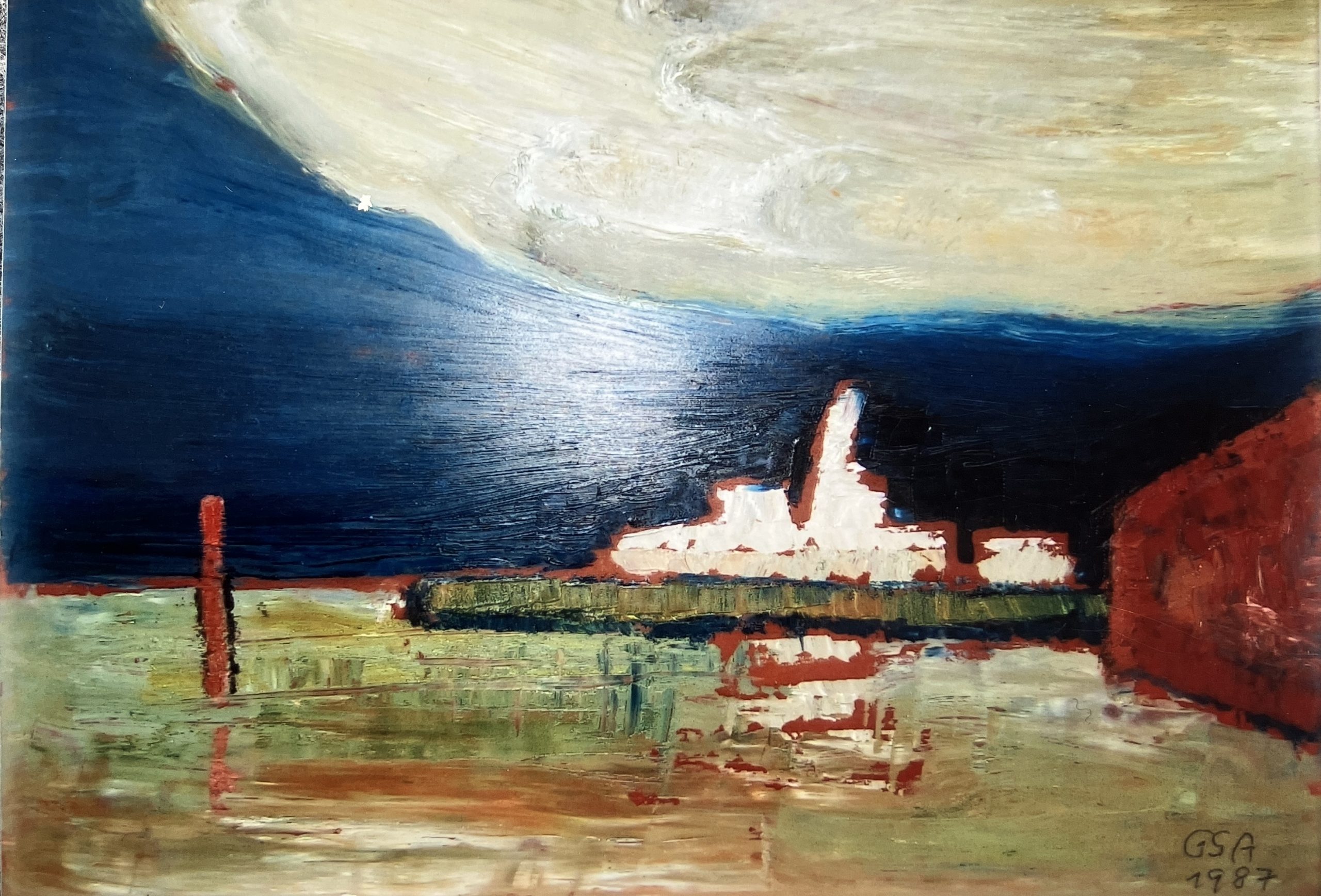 Kleines Hafenbild, 1987, Öl auf Hartfaserplatte, 30 x 40 cm.