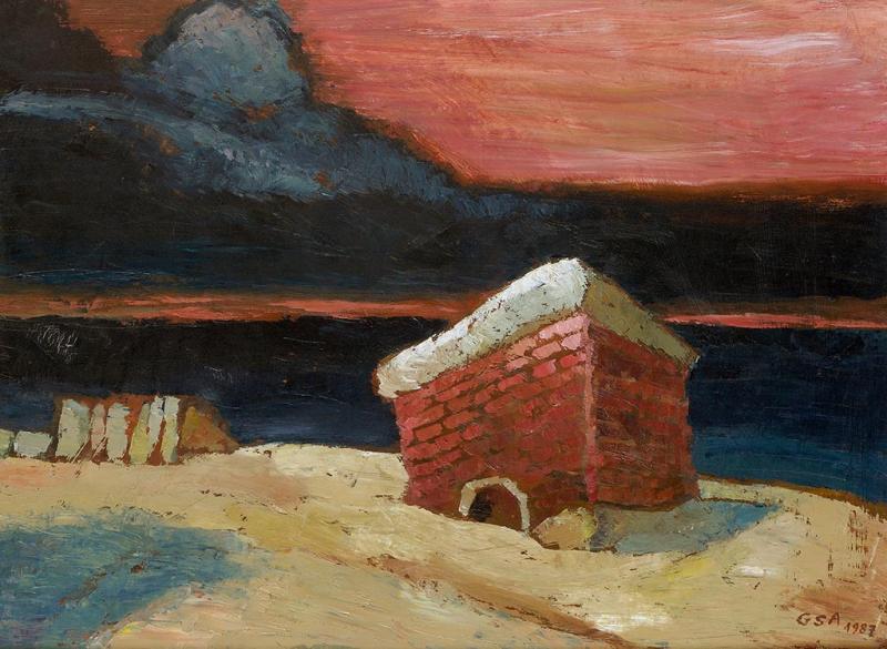 Land-Ende, 1987, Öl auf Hartfaserplatte, 58,3 x 78,2 cm.