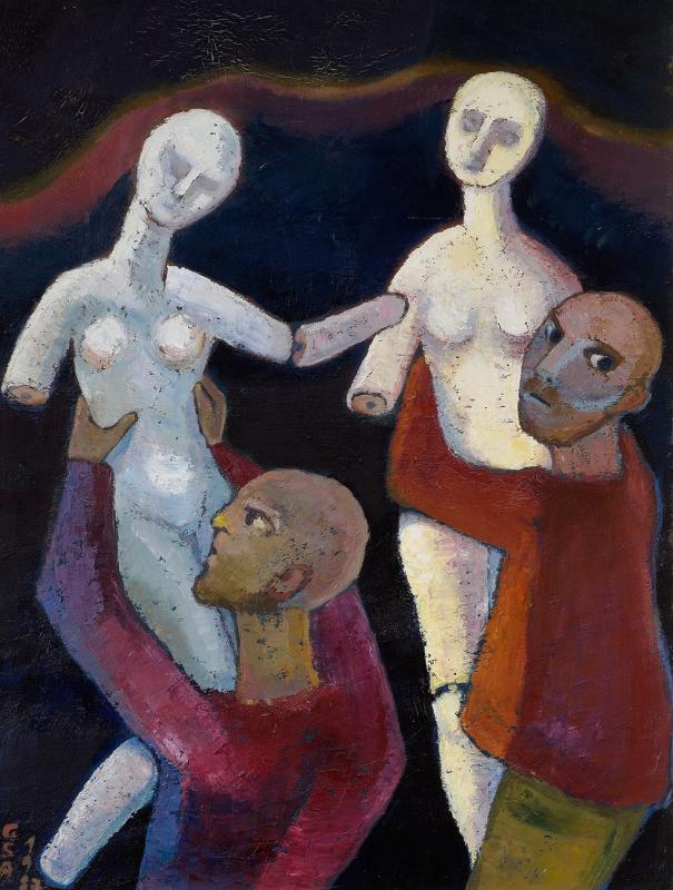 Raub, 1987, Öl auf Hartfaserplatte, 84,8 x 64 cm.