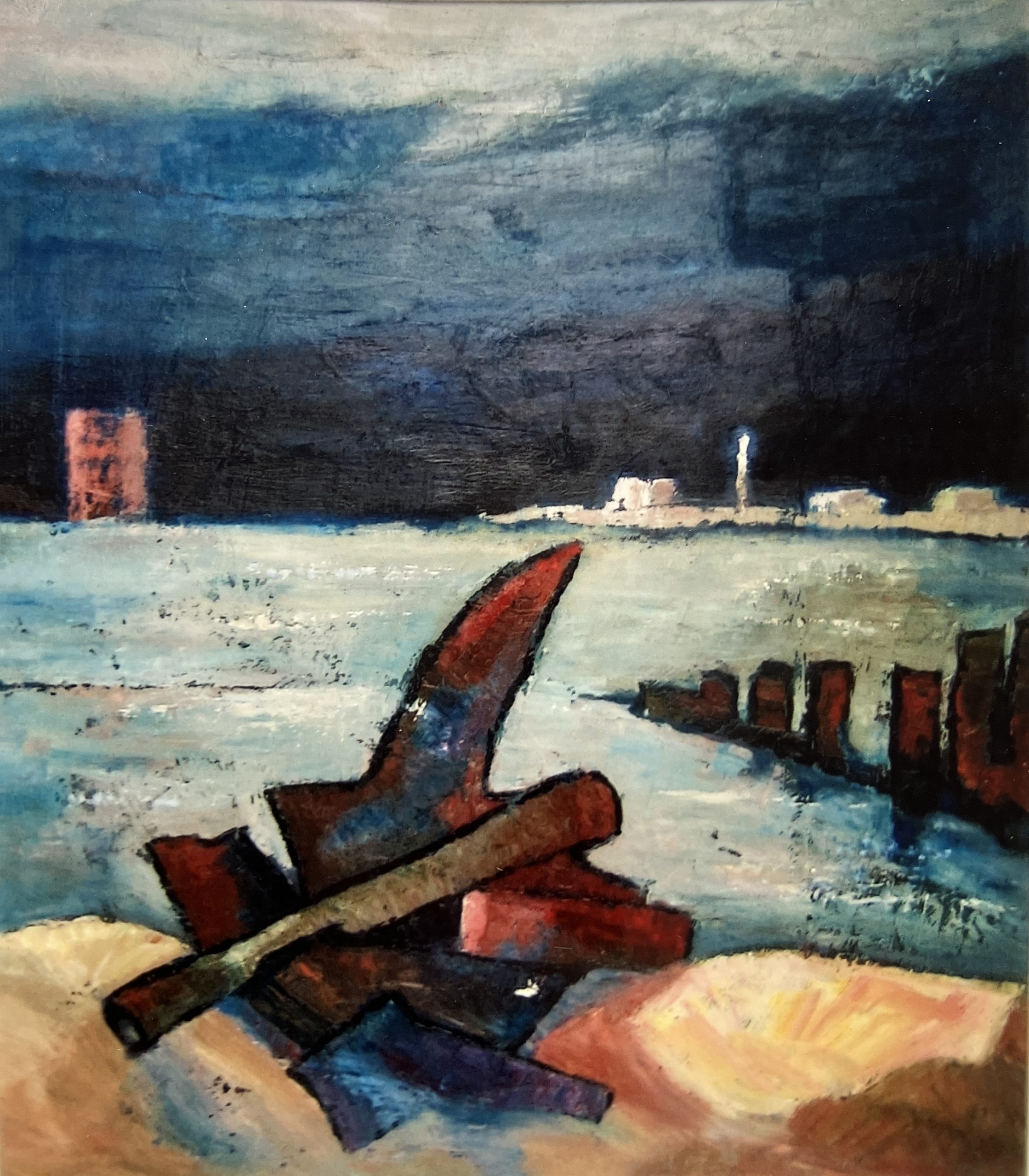 Schrott am Strand, 1987, Öl auf Hartfaserplatte, 70 x 60 cm.