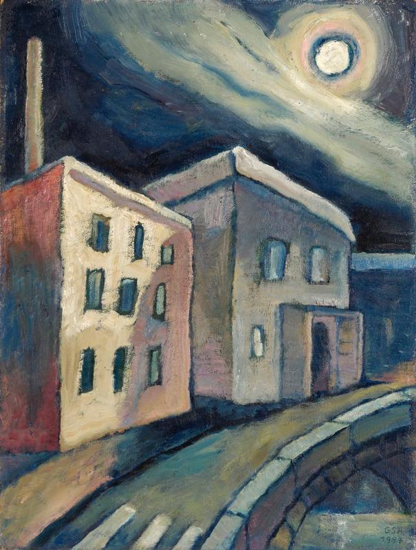 Stadthäuser, 1987, Öl auf Hartfaserplatte, 79 x 59,3 cm.