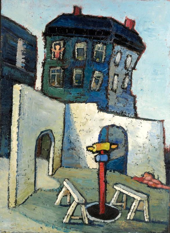 Vor dem Abbruch, 1987, Öl auf Hartfaserplatte, 77 x 56 cm.