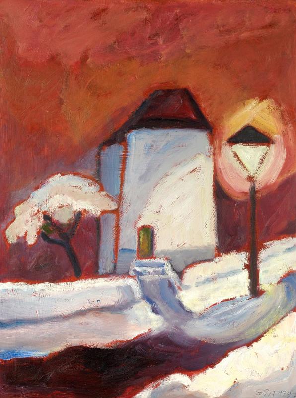 Winterabend, 1987, Öl auf Hartfaserplatte, 78,4 x 59 cm.