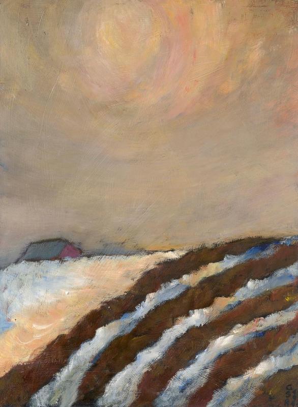 Wintersonne - gepflügtes Feld, 1987 / 91, Öl auf Hartfaserplatte, 65 x 75 cm.