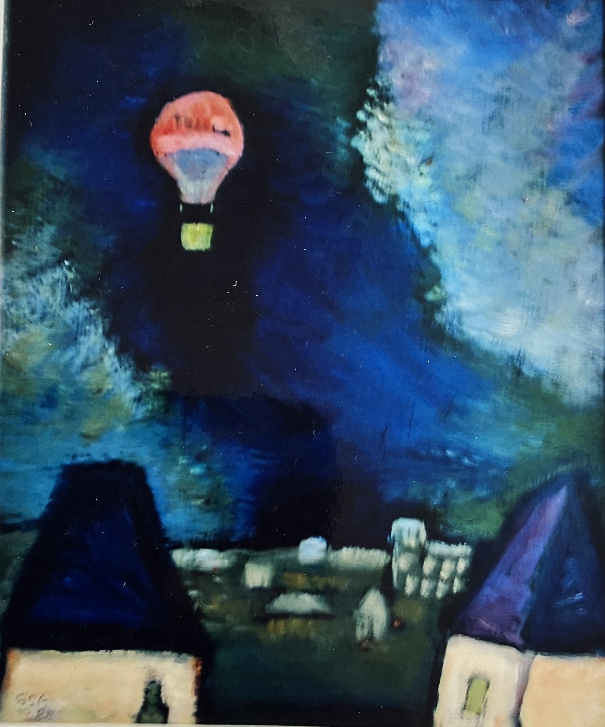 Ballon über der Stadt, 1988 / 90, Öl auf Hartfaserplatte, 60 x 50 cm.