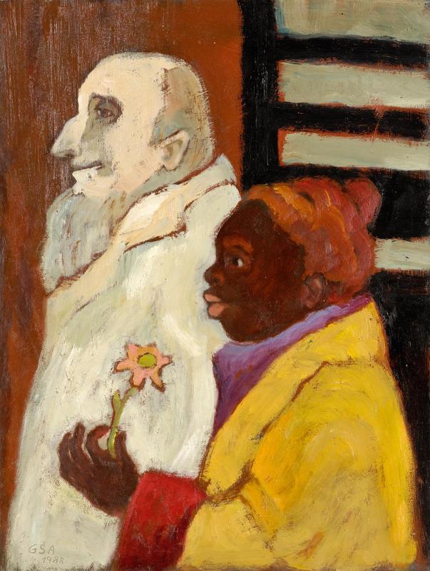 Besuch, 1988, Öl auf Hartfaserplatte, 79,3 x 60 cm.