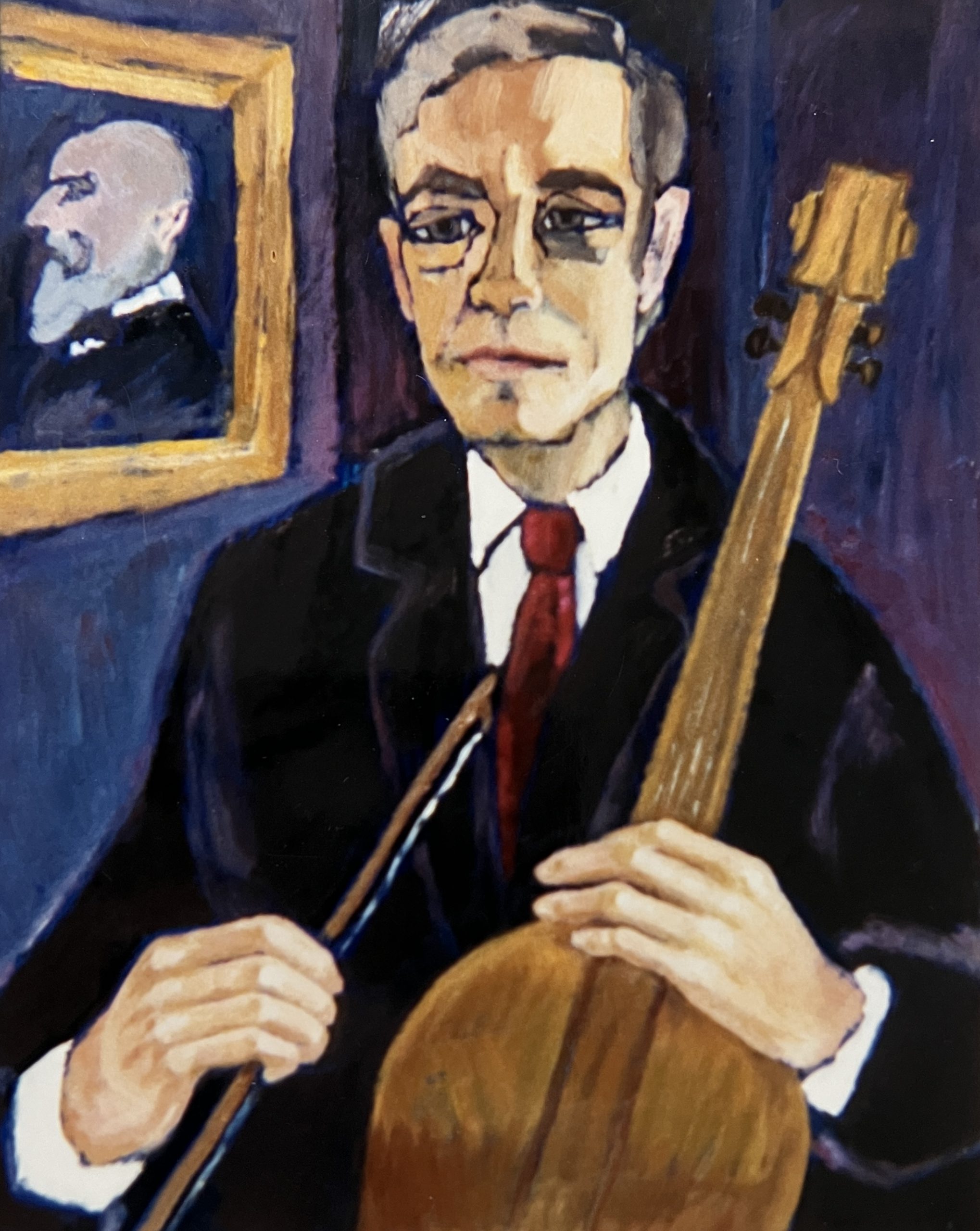Bildnis F. G. mit Cello (Frank Goltermann), 1988, Öl auf Hartfaserplatte, 92 x 76 cm.