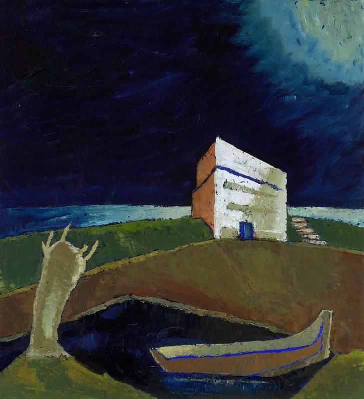 Hotel am Deich, 1988, Öl auf Hartfaserplatte, 90 x 80 cm.