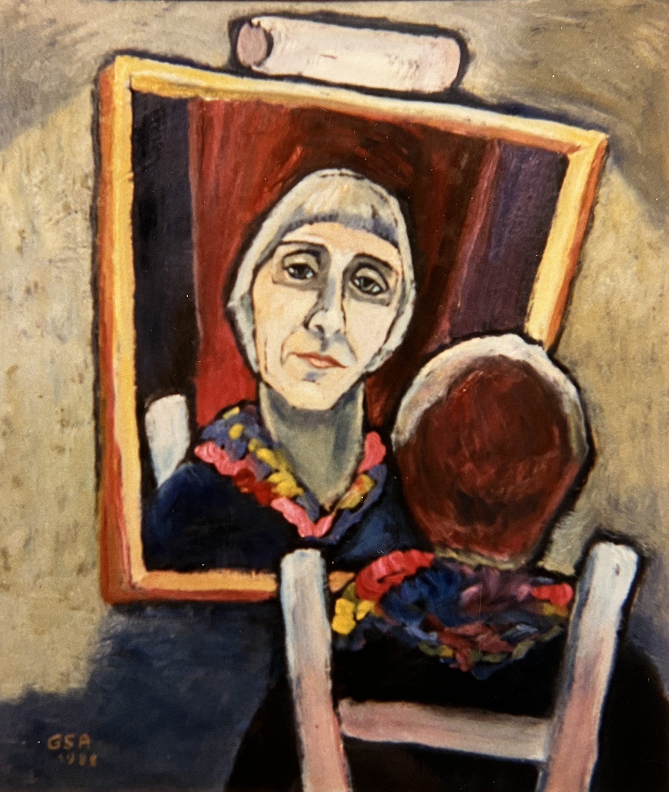 Mit buntem Halstuch (1. Fassung), 1988, Öl auf Hartfaserplatte, 78,2 x 66,2 cm.