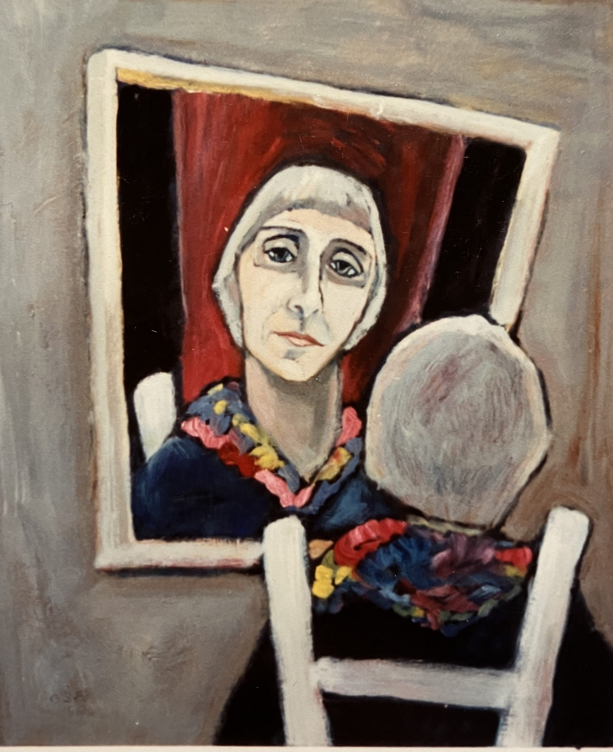 Mit buntem Halstuch (2. Fassung), 1988, Öl auf Hartfaserplatte, 78,2 x 66,2 cm.