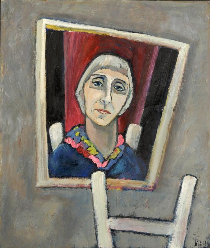 Mit buntem Halstuch (3. Fassung), 1988, Öl auf Hartfaserplatte, 78,2 x 66,2 cm.