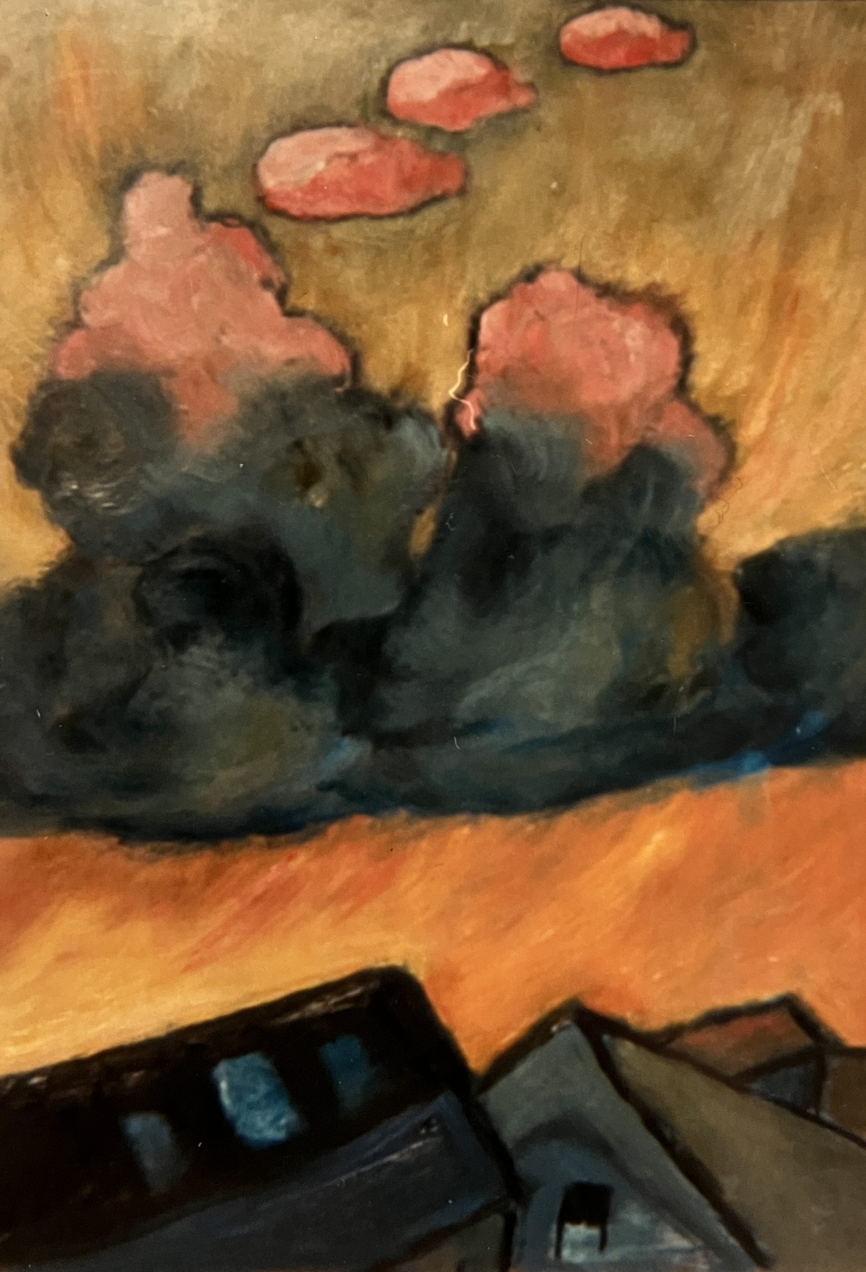 Abendwolke über Dächern, 1989, Öl auf Hartfaserplatte, 77,2 x 54,5 cm.
