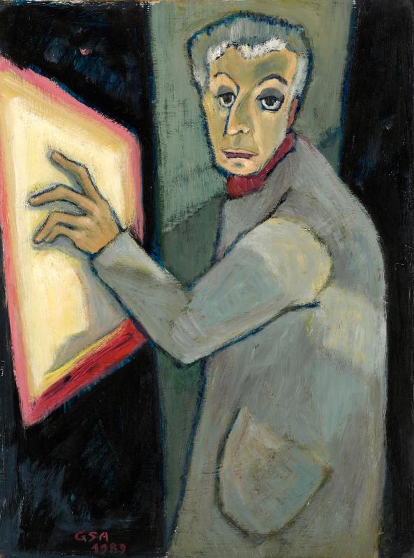 Am Fahrplan, 1989, Öl auf Hartfaserplatte, 78,3 x 58,5 cm.