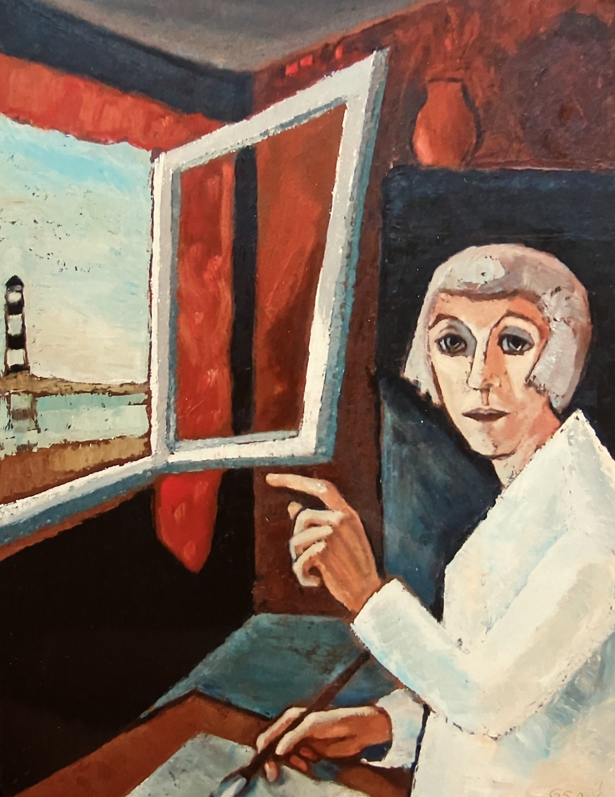 Am offenen Fenster (selbst), 1989, Öl auf Hartfaserplatte, 80 x 60 cm.