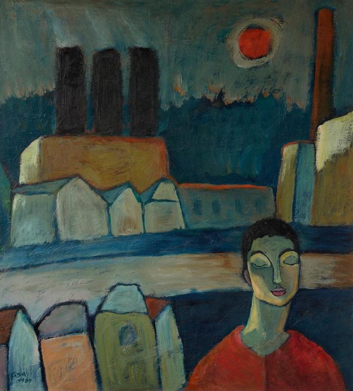 Geträumte Stadt, 1989, Öl auf Hartfaserplatte, 90 x 79,8 cm.